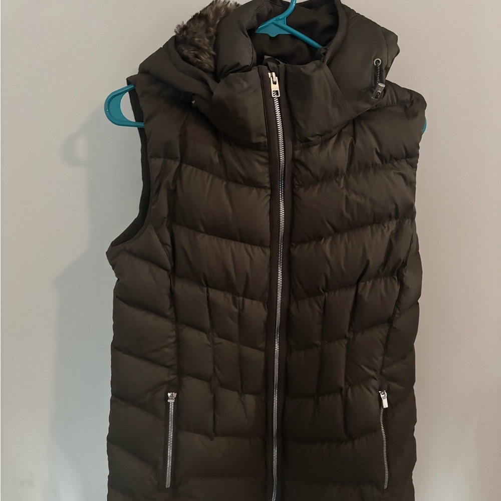 Athleta Dark Olive Puffer Vest with Faux Fur Removable Hood